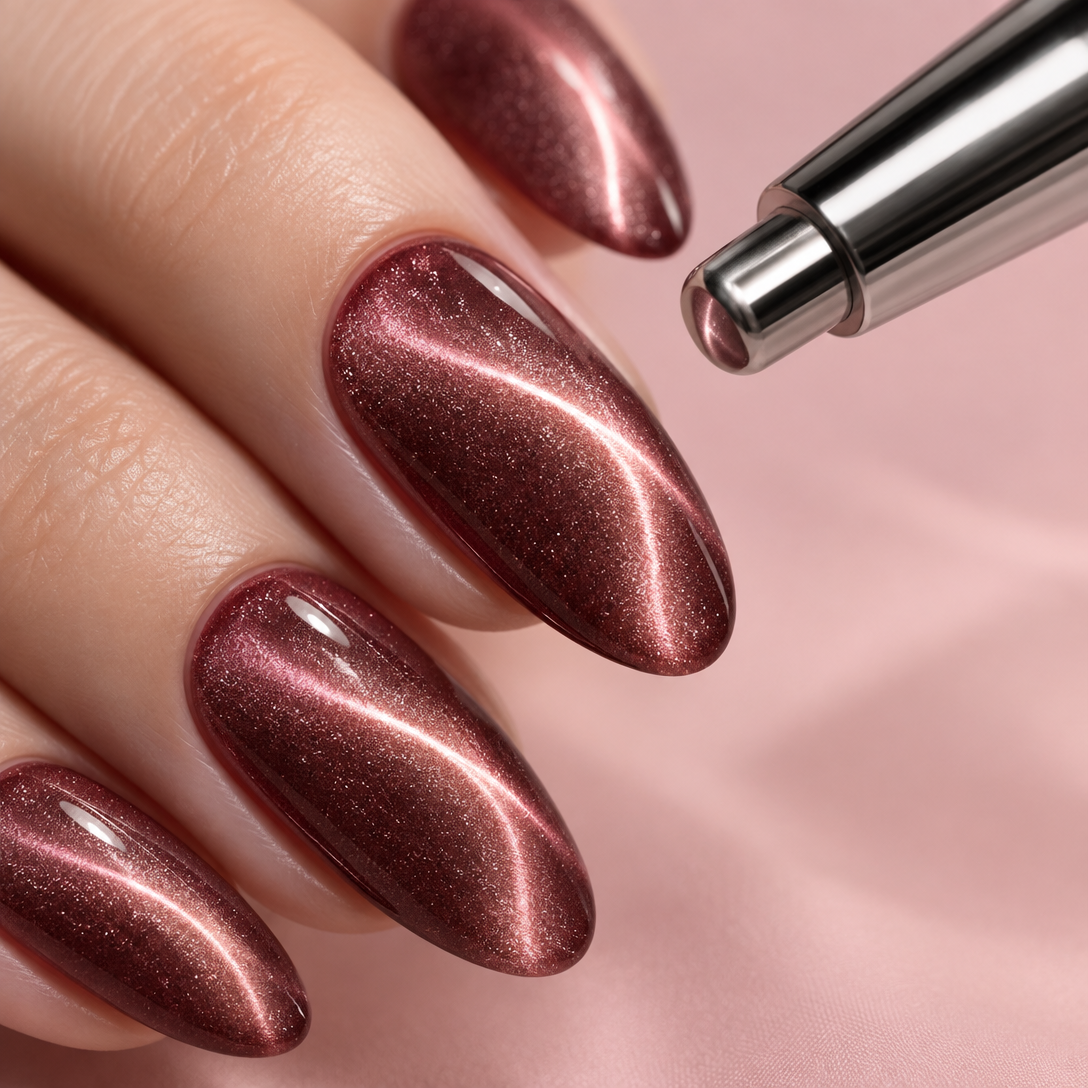 Magnetic cat-eye gel manicure in rose-burgundy with the chrome gel pen magnet nearby